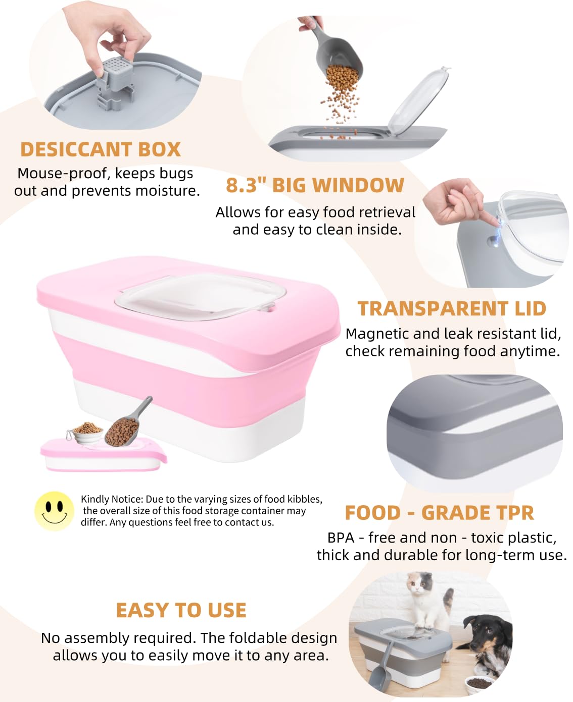 DDMOMMY dog food bin with measuring scoop for easy feeding portions.