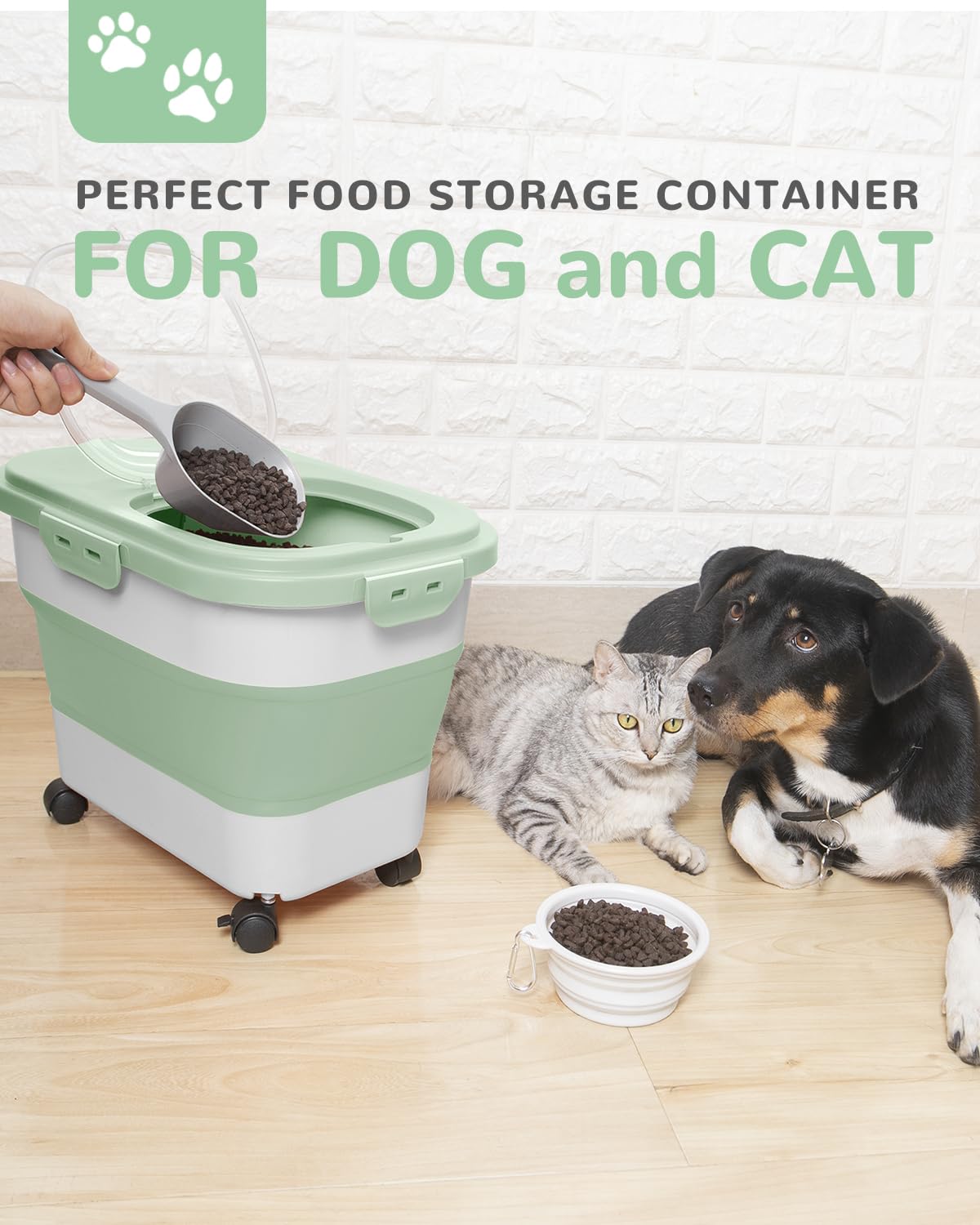 DDMOMMY dog food container with scoop enables quick serving and measured portions.