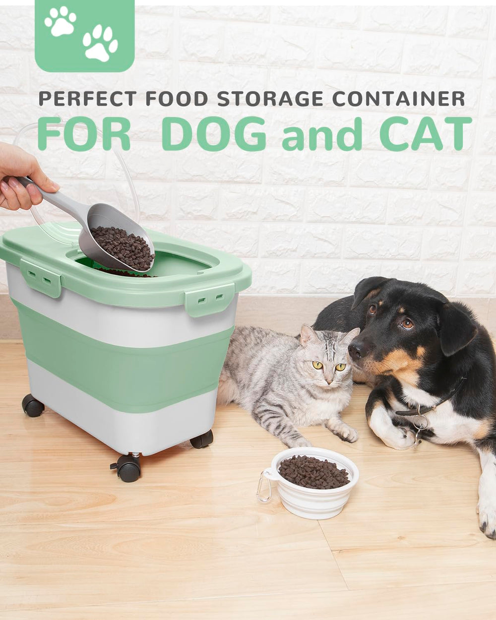 DDMOMMY dog food container with scoop enables quick serving and measured portions.