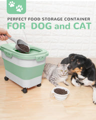 DDMOMMY dog food container with scoop enables quick serving and measured portions.