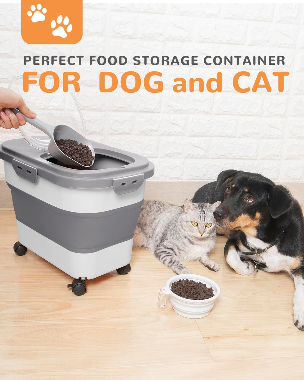 DDMOMMY dog food container with wheels enables easy transport around the home