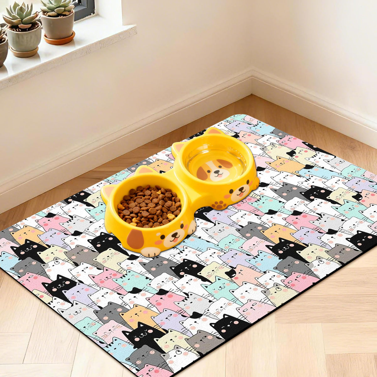 DDPODNQAK Pet Feeding Mat with large bowls prevents spills and keeps floors clean.
