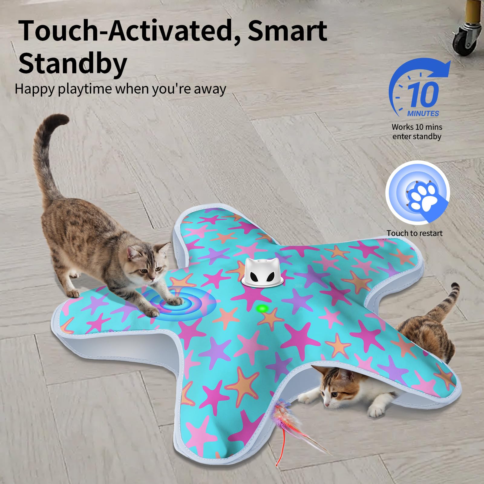 ddxcoo rechargeable interactive cat toy with blue-purple cover, side view shows motion for engagement.