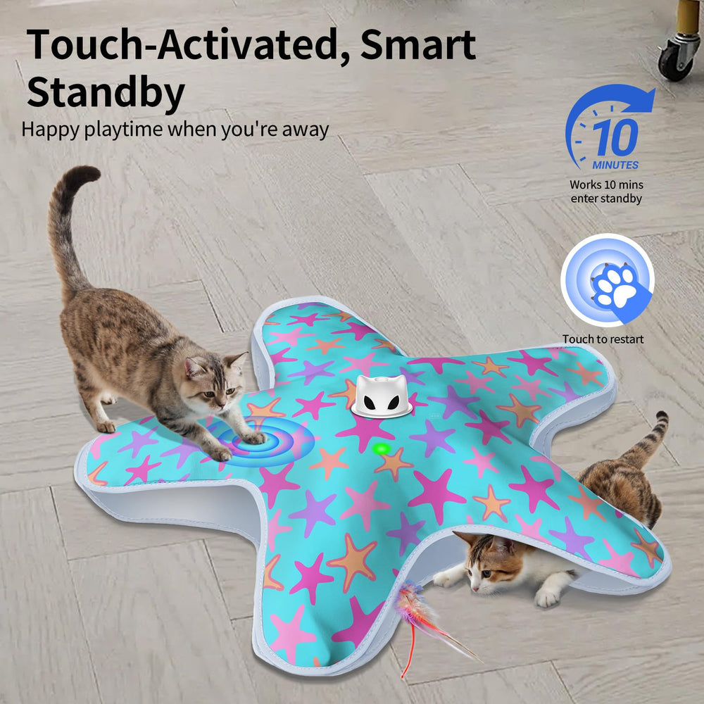 ddxcoo rechargeable interactive cat toy with blue-purple cover, side view shows motion for engagement.
