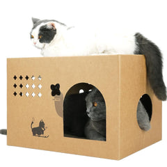 Deamoser cardboard cat house setup with two-story scratch pads and roomy entry.