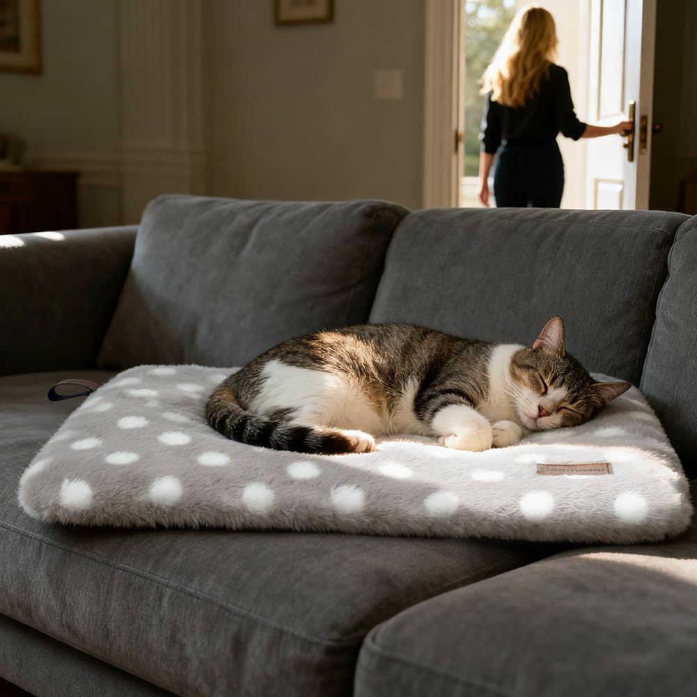 Deamoser self warming cat mat non slip bottom keeps it in place.
