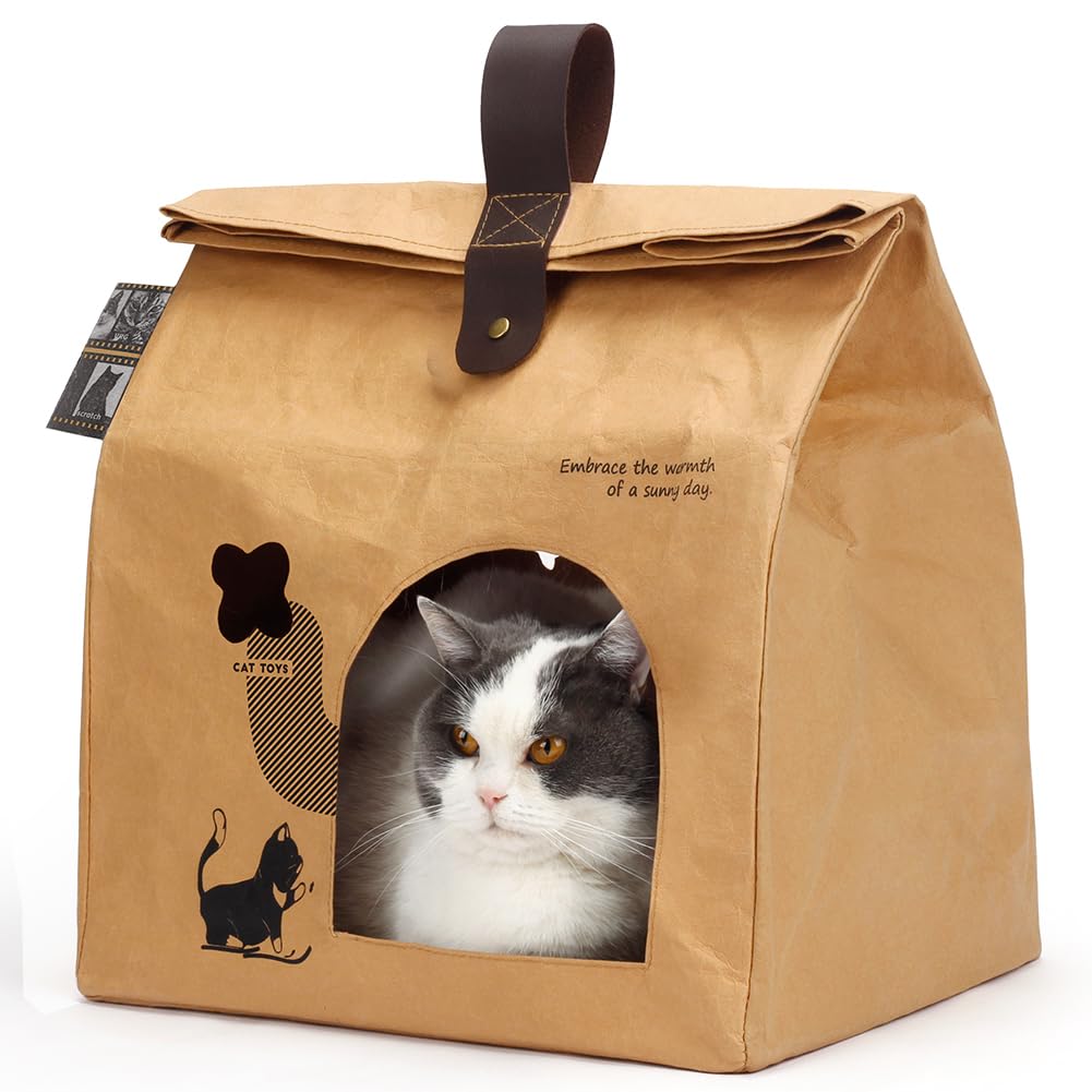 Deamoser washable kraft paper cat house inside view, cozy lounging space for indoor cats