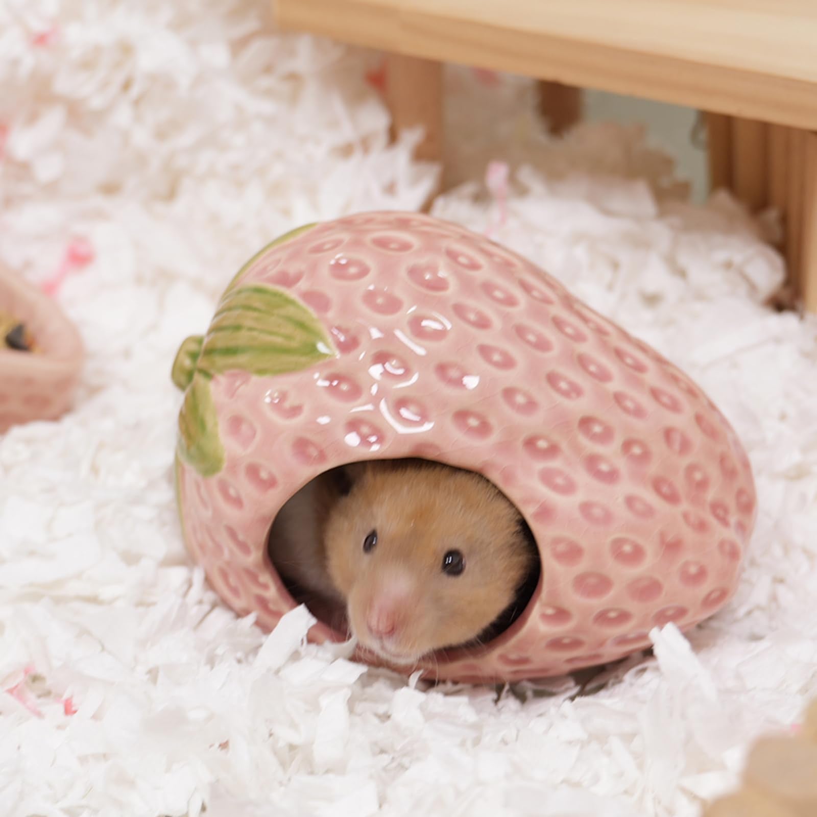 Deapeey strawberry-themed shelter decor brightens cage ambiance and playtime.