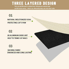 Deapher sisal scratch pad close-up demonstrates 80-grit emery for smoother nail trimming.