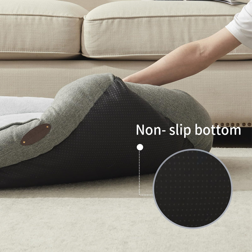 DEBANG HOME dog bed highlighting anti-slip bottom for stable resting.