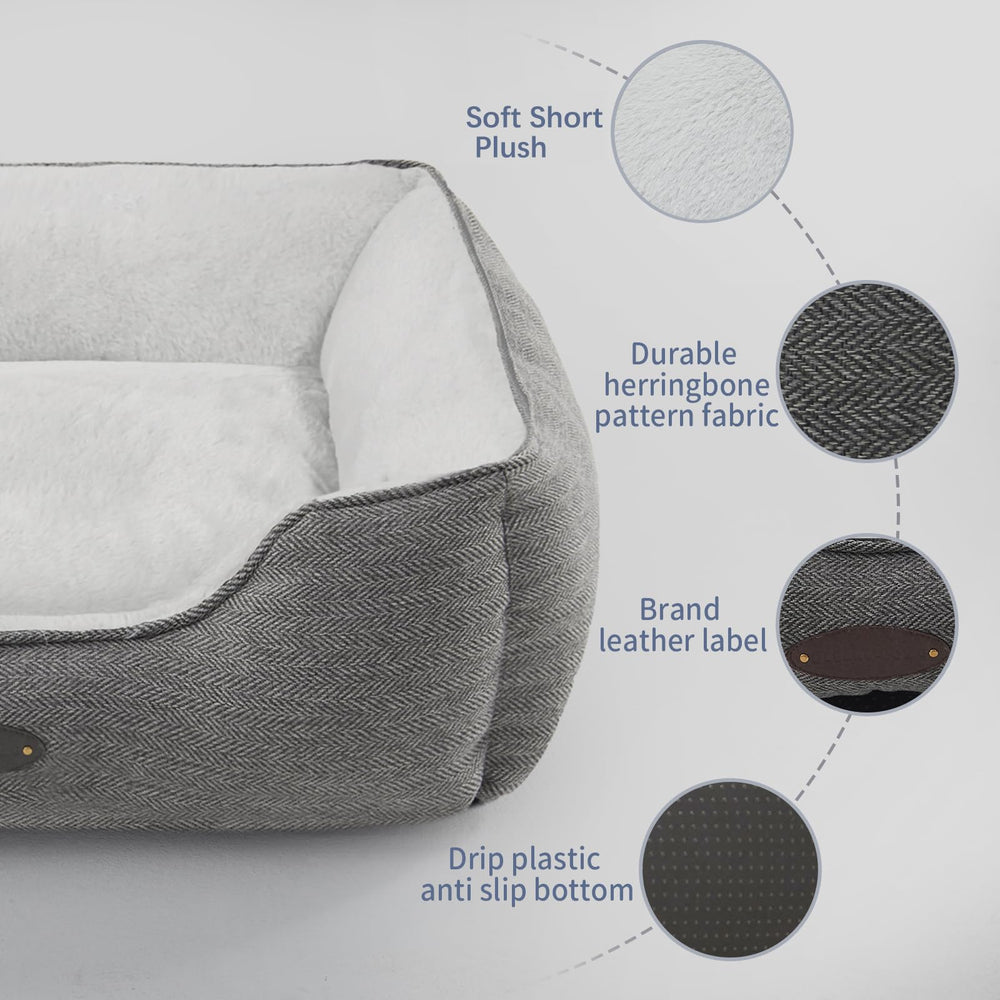 DEBANG HOME dog bed showing three-sided bolstered design for head support.