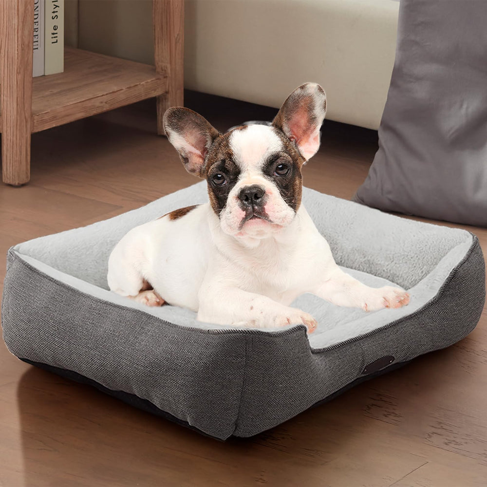 DEBANG HOME dog bed in gray rectangular soft fabric for cozy naps.