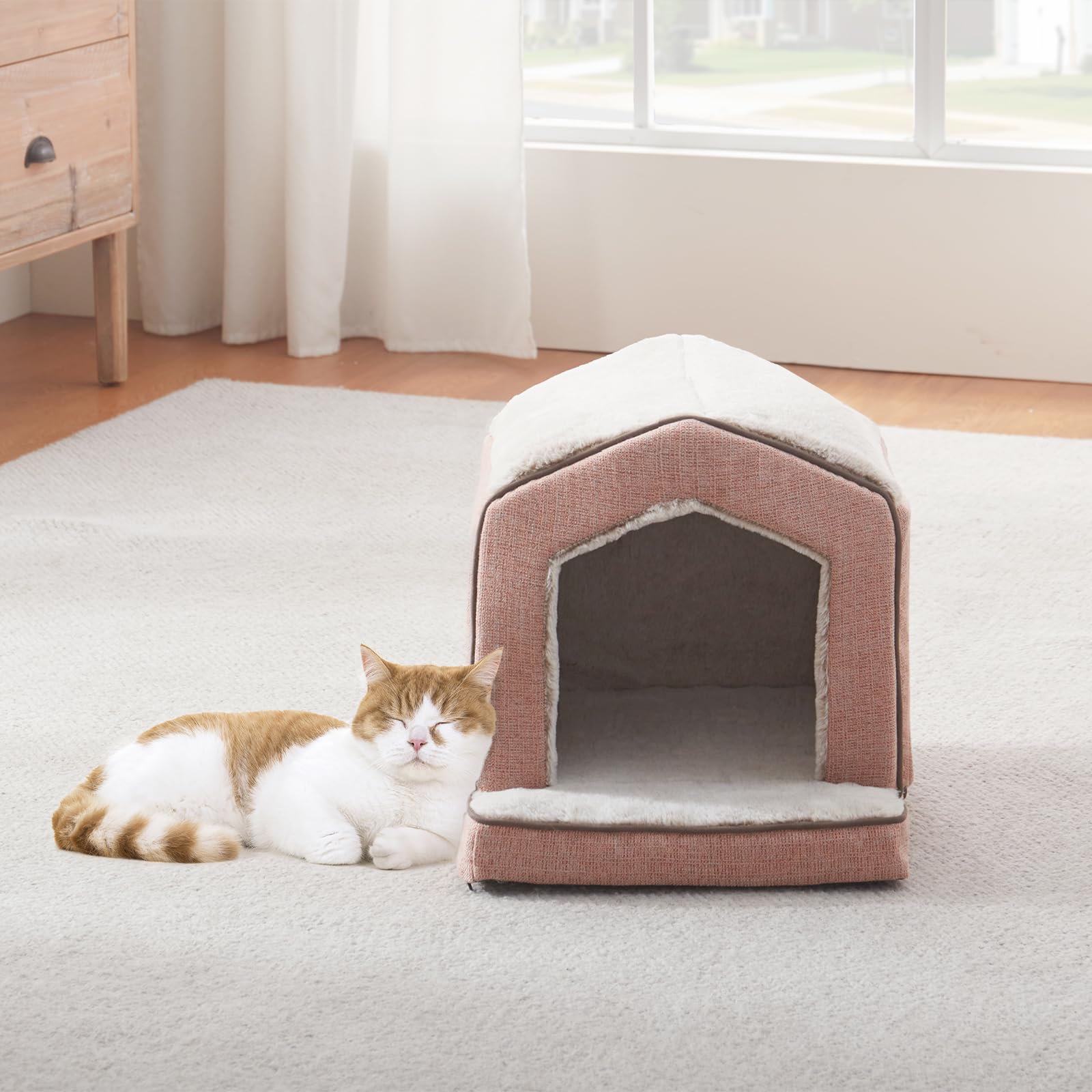 DEBANG HOME Orthopedic Cat House bottom extension lets cats peek and relax.