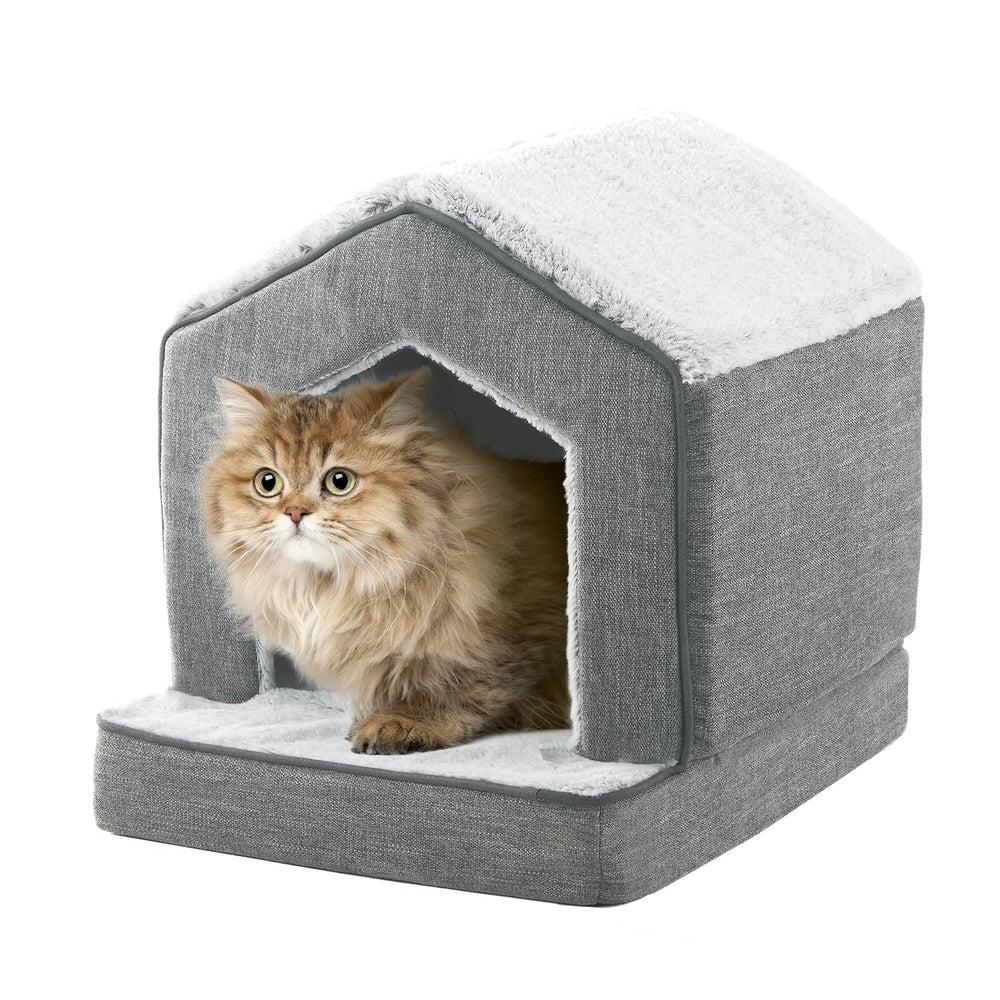 DEBANG HOME orthopedic cat house gray exterior view, cozy shelter for indoor cats.