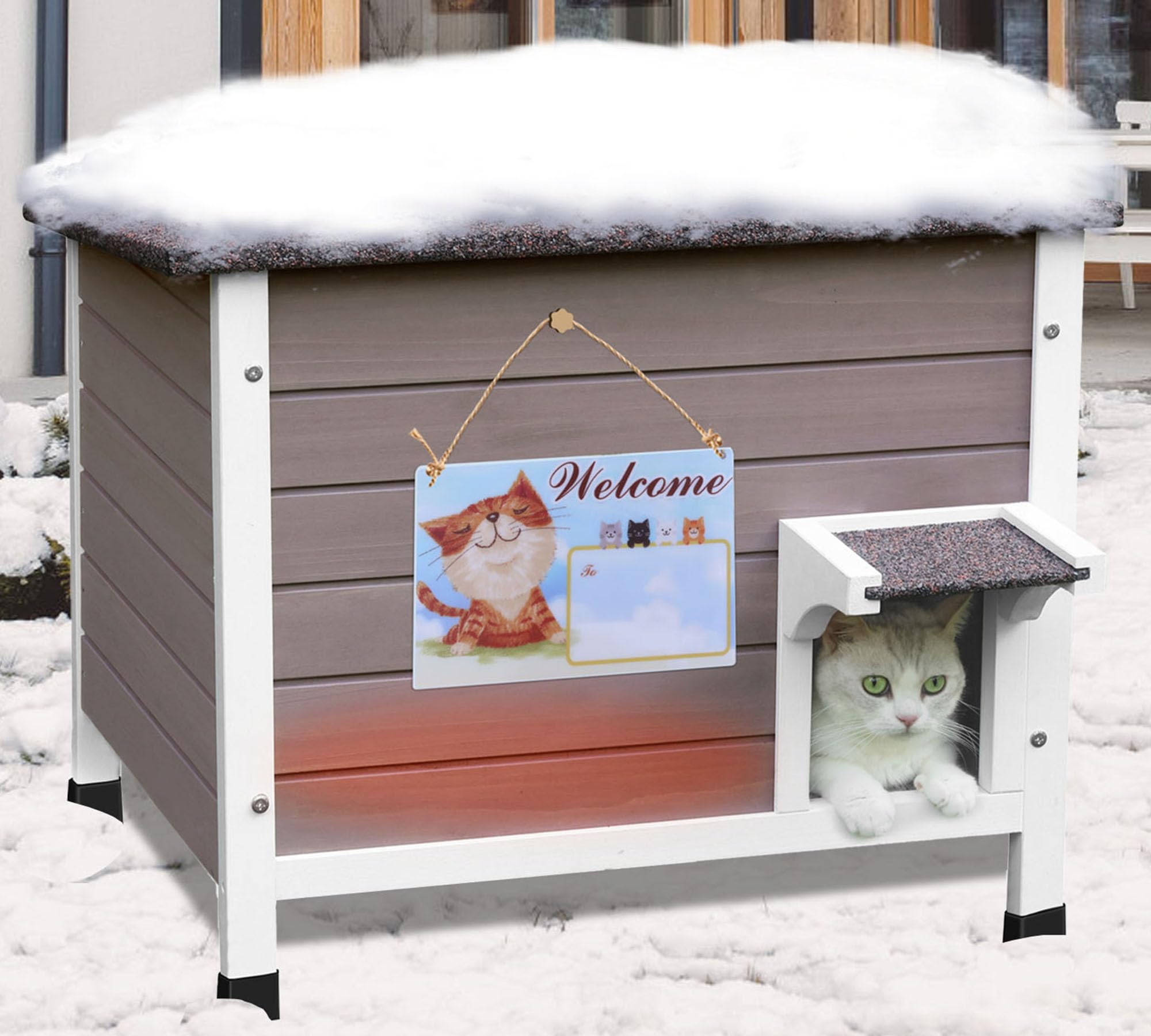 Deblue cat house features asphalt eaves and PVC curtains for rain protection