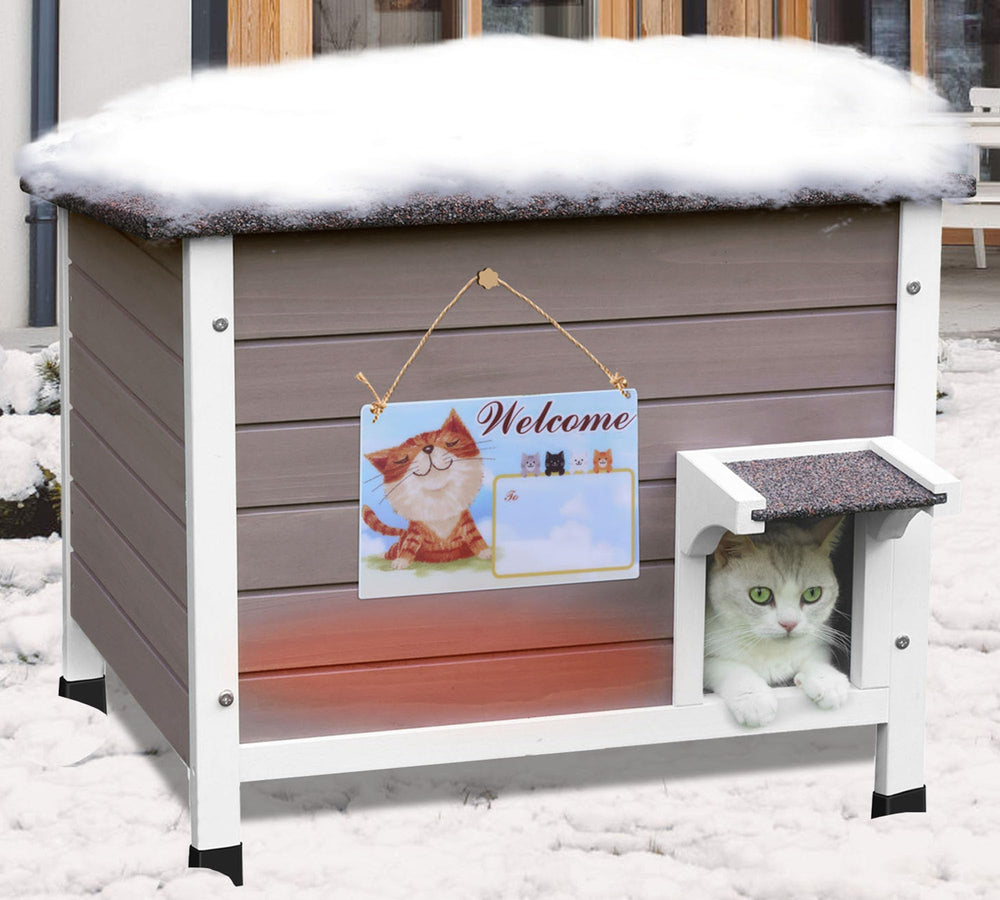 Deblue cat house features asphalt eaves and PVC curtains for rain protection