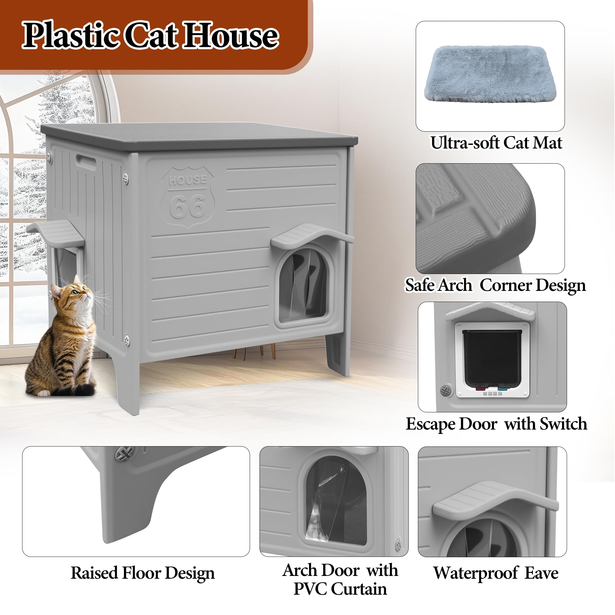Deblue cat house integrated eave design sheds water away