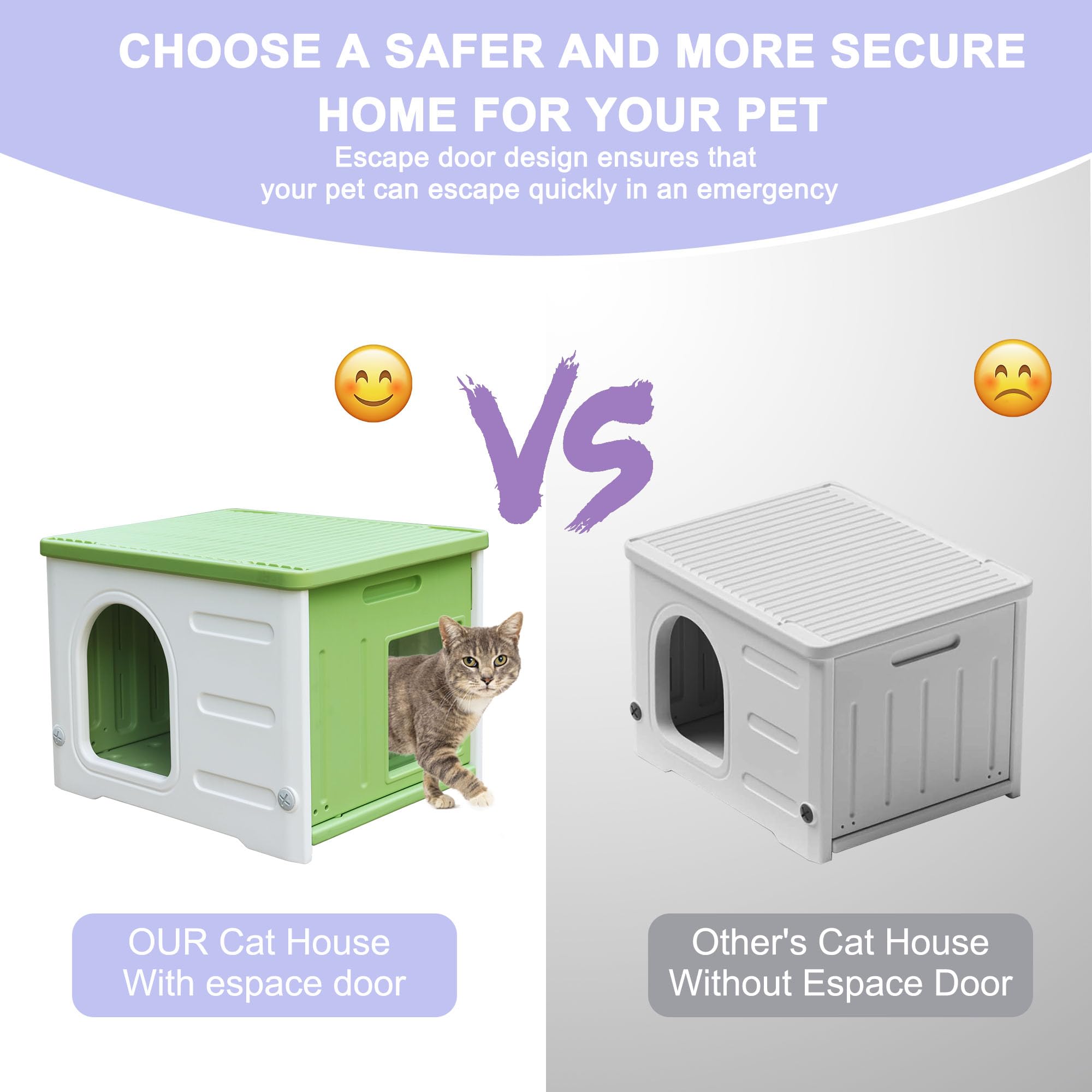 Deblue cat house escape door shows quick exit feature for emergencies.