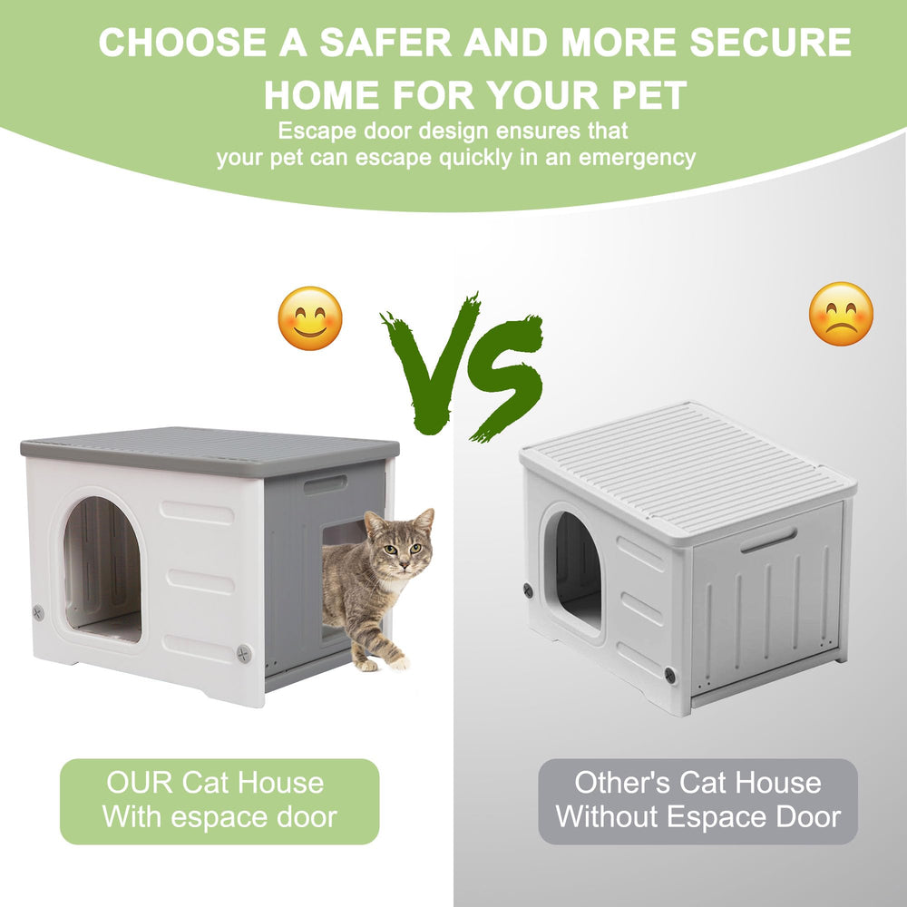 Deblue cat house escape door enables quick exit in emergencies.