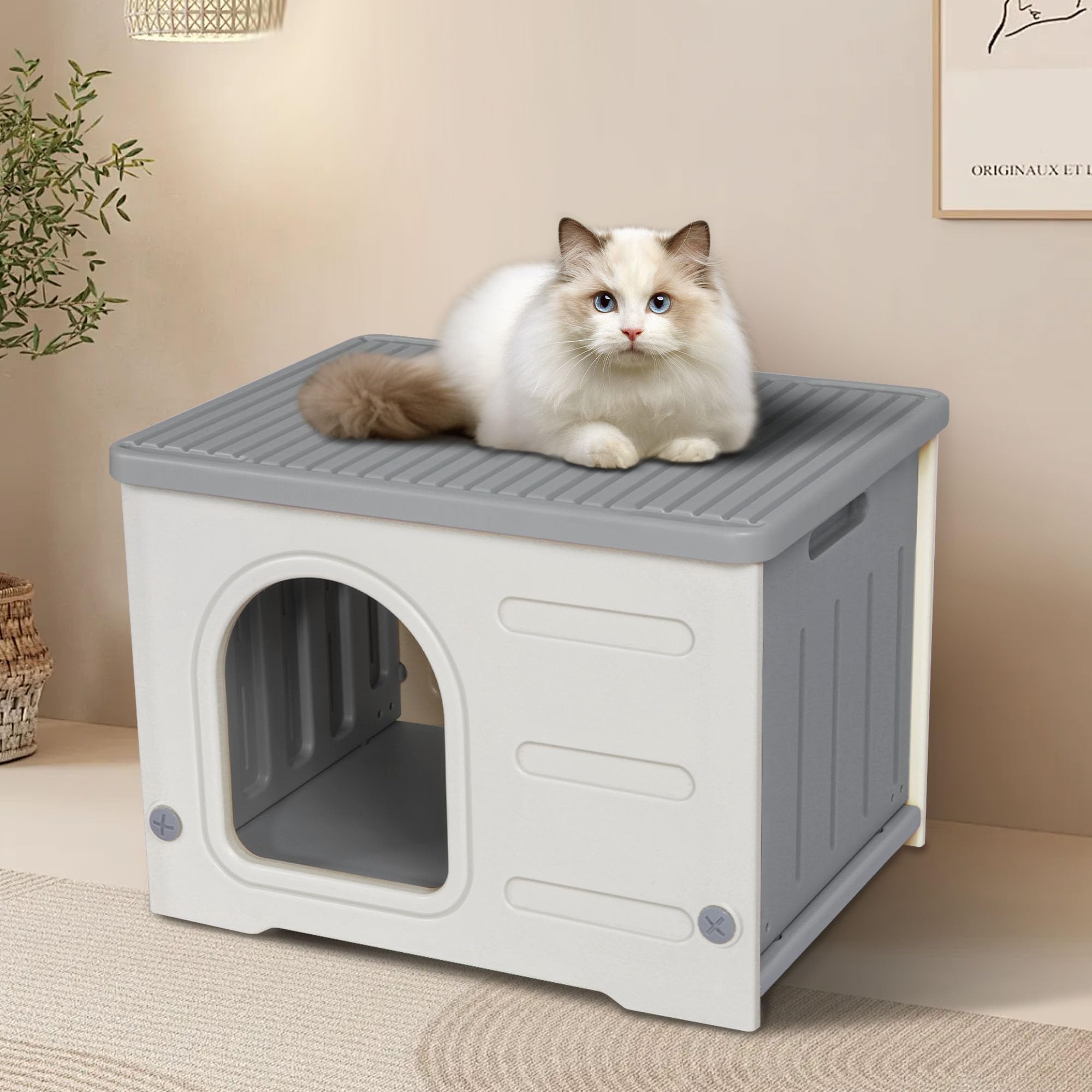 Deblue grey cat house blends with home décor while offering practical shelter.