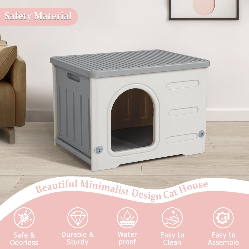 Deblue weatherproof cat house shields cats from rain and wind in the yard.