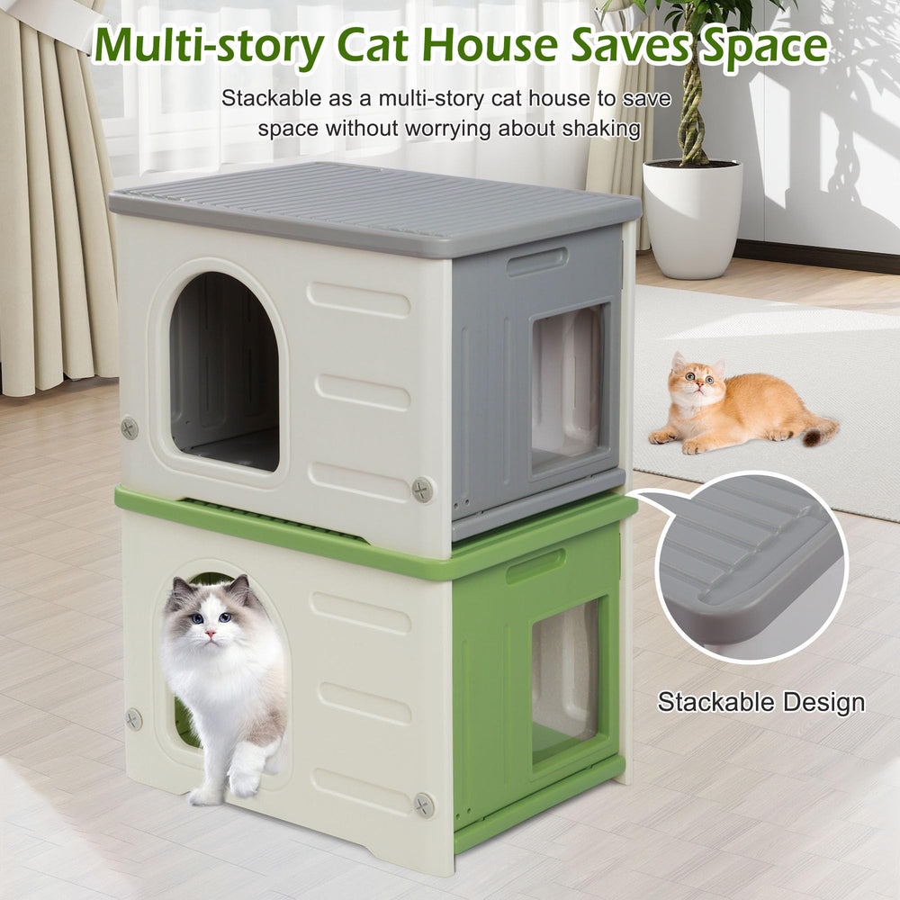 Deblue cat house weatherproof keeps rain out for dry shelter.