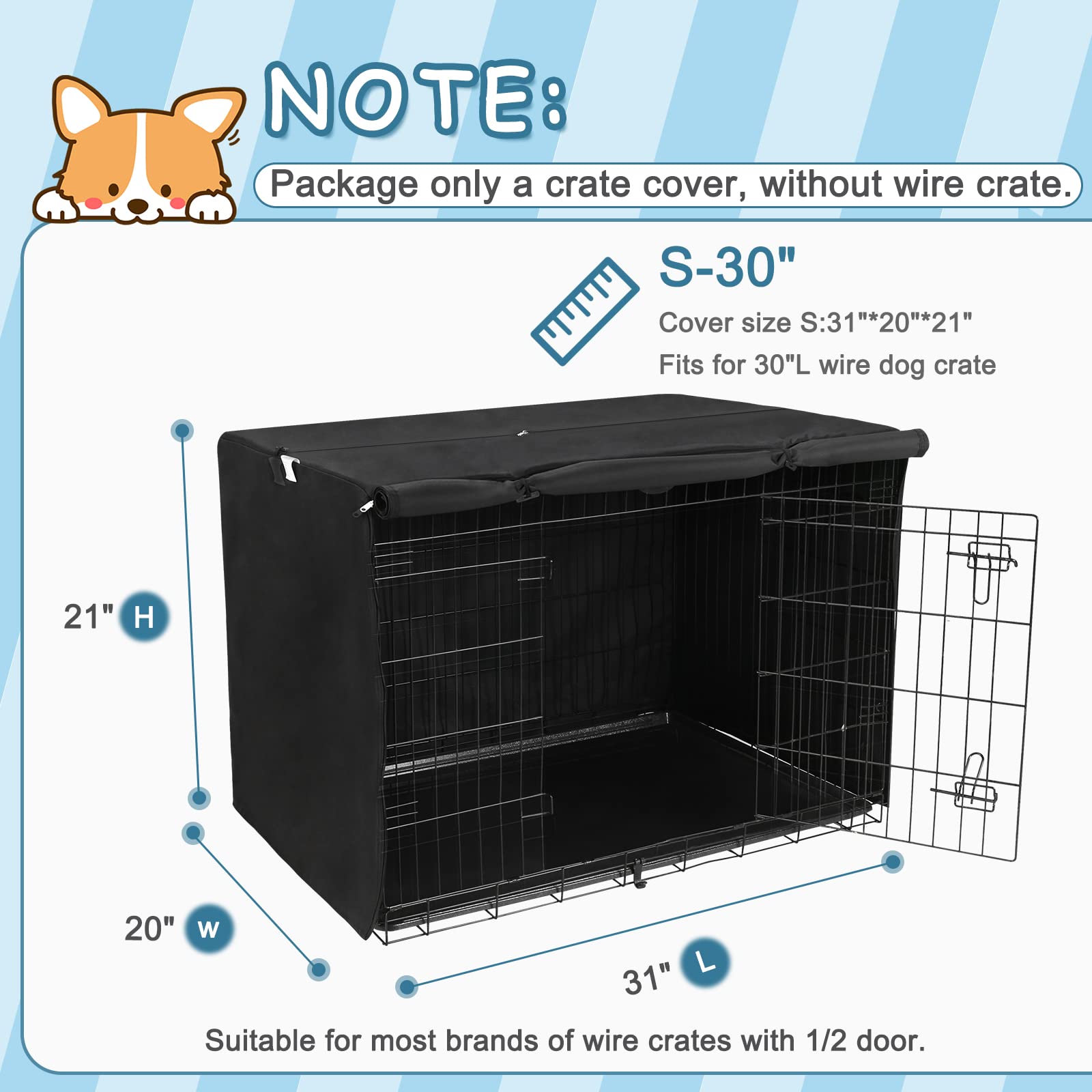 Deblue windproof crate cover front entrance view for 30-inch crate with easy access