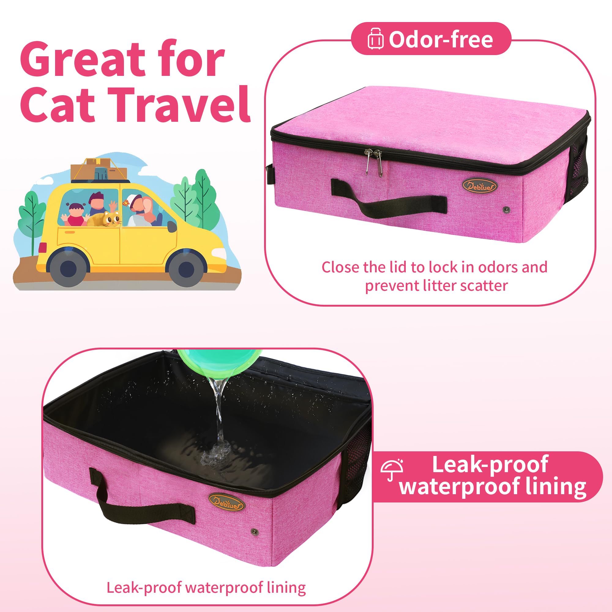 Deblue foldable cat litter box in pink collapses for compact travel storage