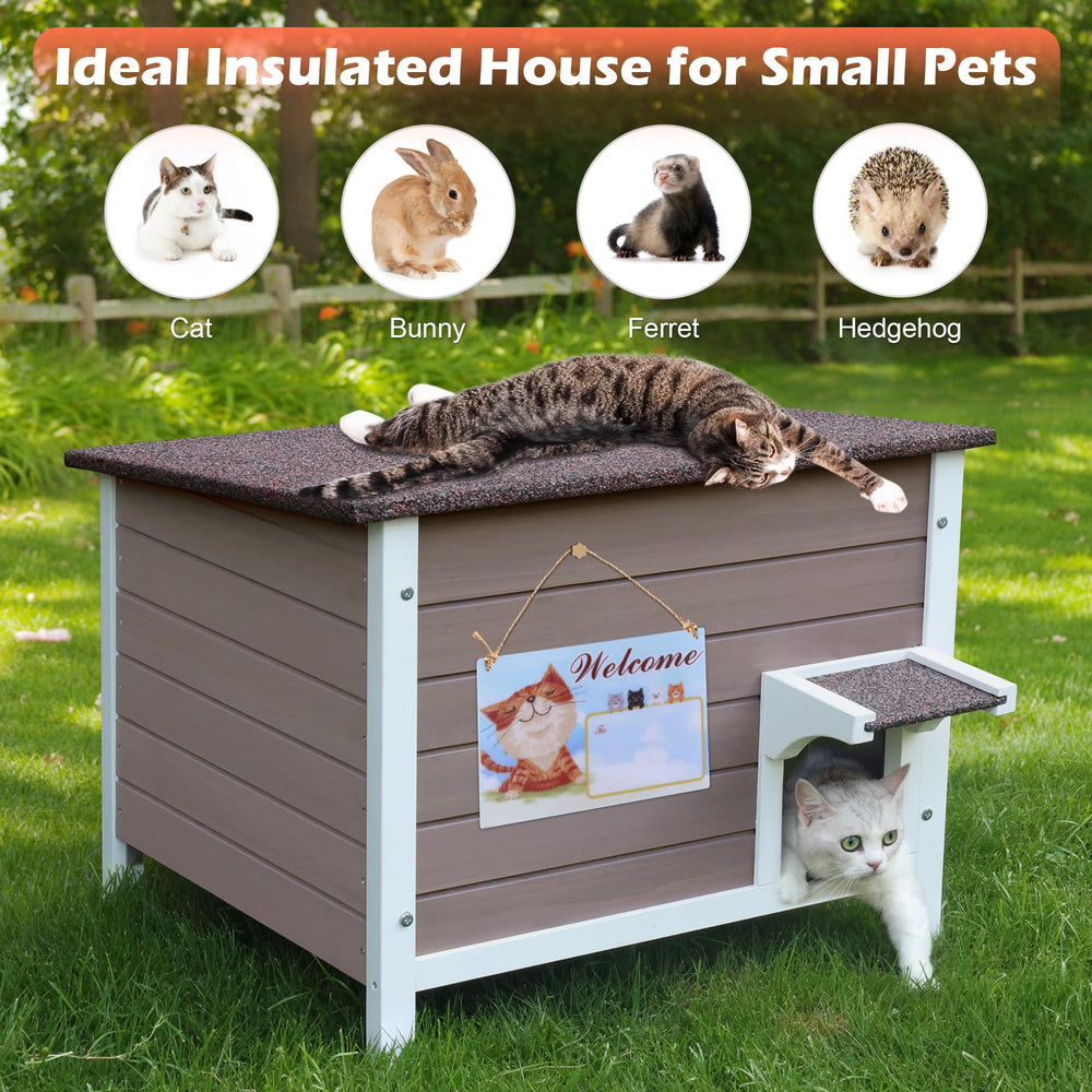 Deblue insulated outdoor cat house with cats enjoying cozy shelter