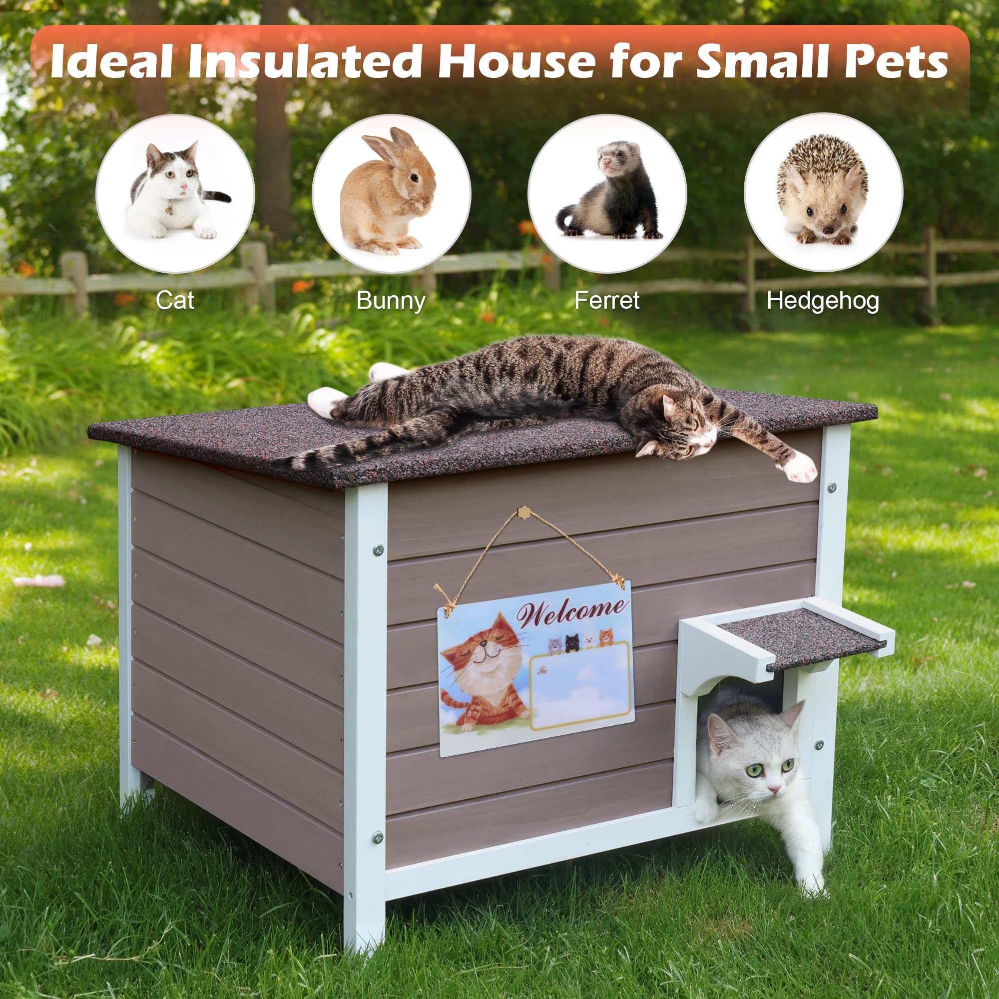 Deblue outdoor cat house assembly pack shows pre-drilled holes for quick setup.