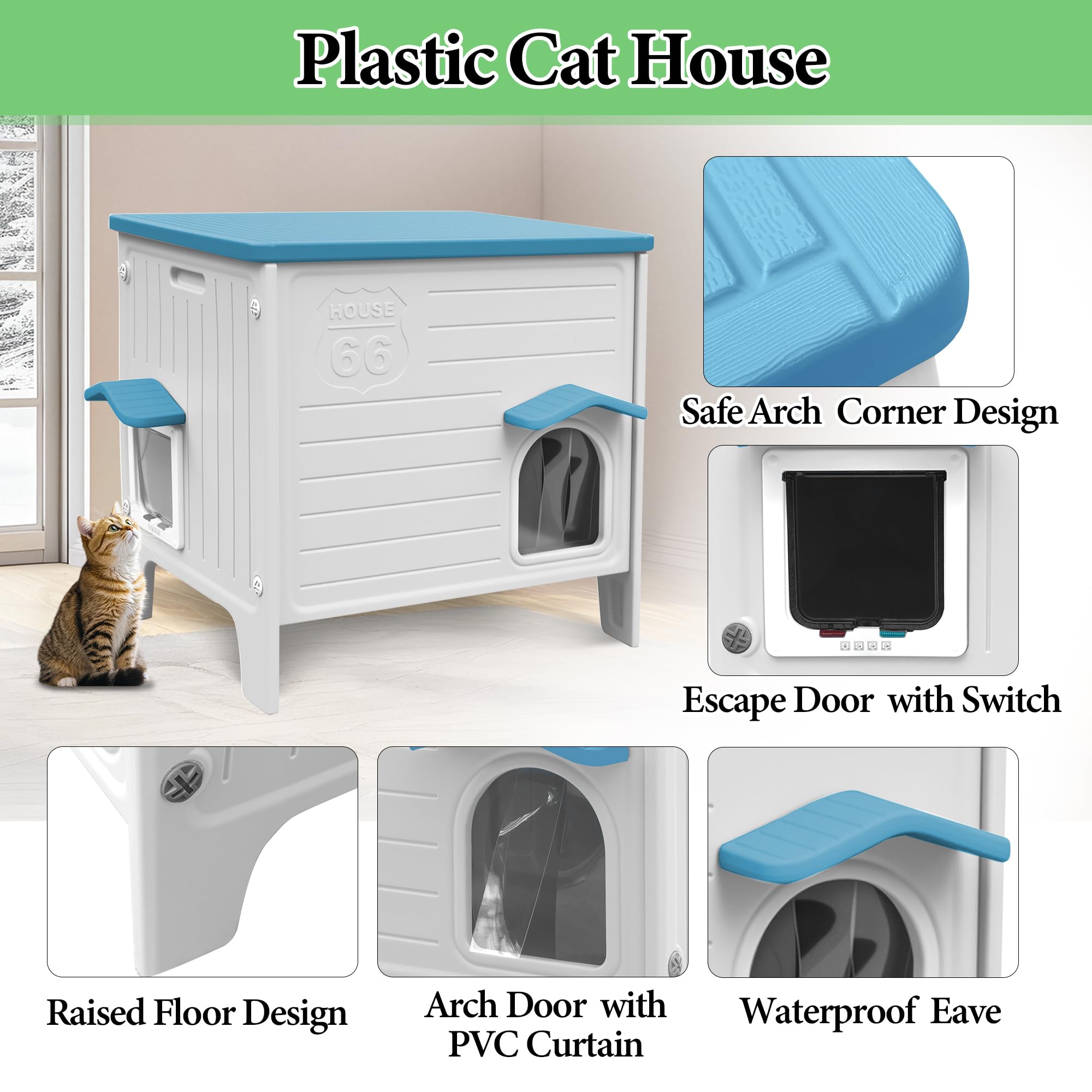 Deblue outdoor cat house elevated floor helps keep interior dry and insulated.