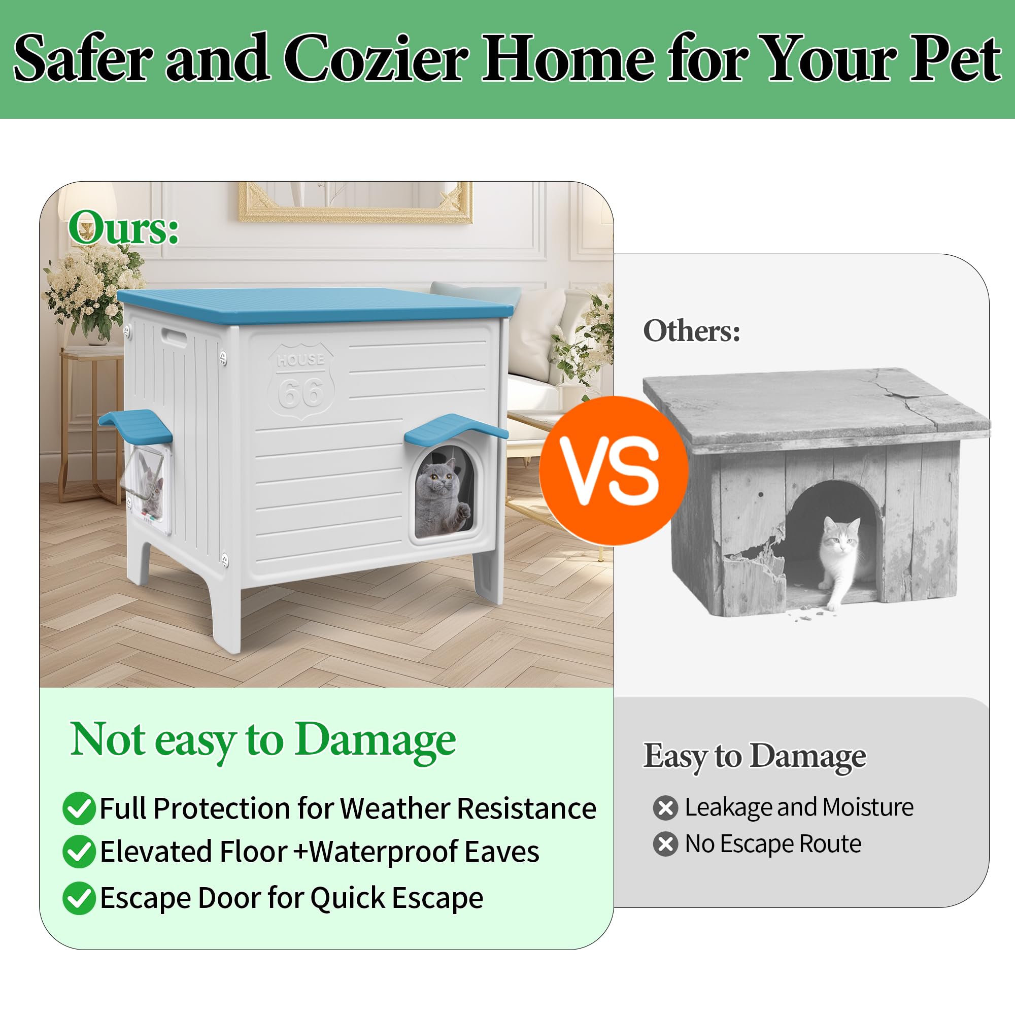 Deblue outdoor cat house escape door closeup demonstrates quick emergency exit option.