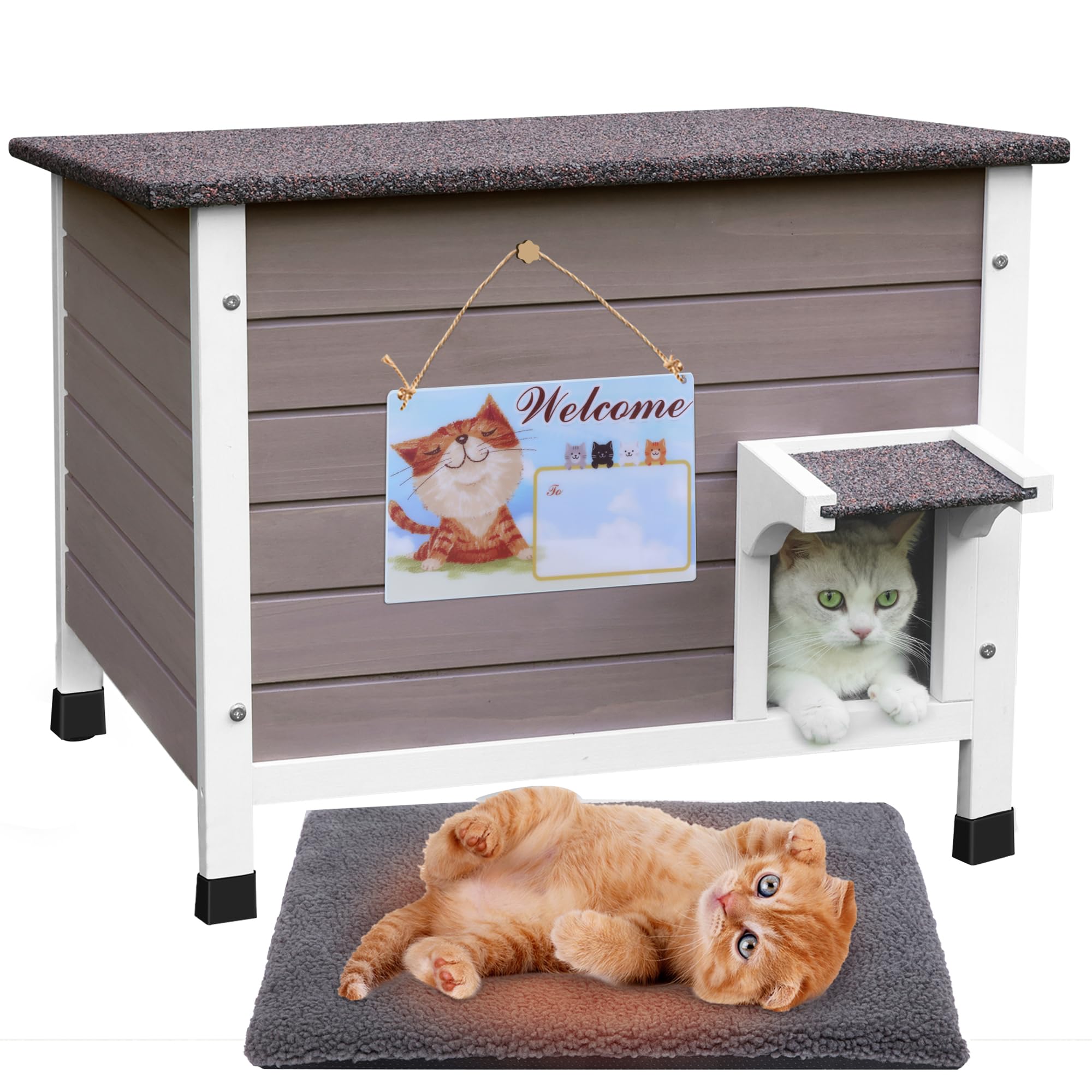 Deblue outdoor cat house front view shows sturdy wooden shell with weatherproof protection for outdoor cats.