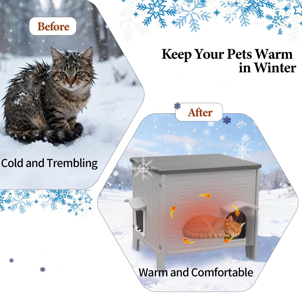 Deblue grey shelter blends with outdoor spaces and pet life.