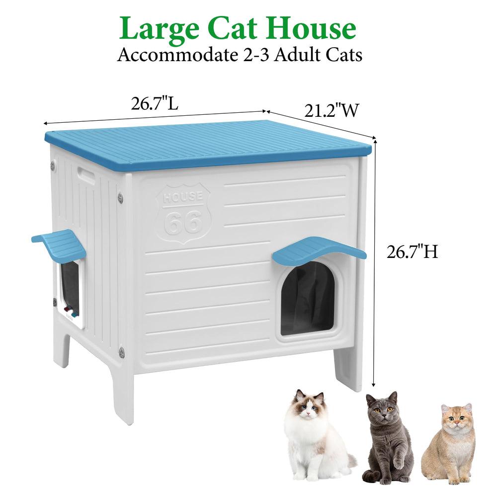Deblue outdoor cat house HDPE material highlights sturdy construction and durability.