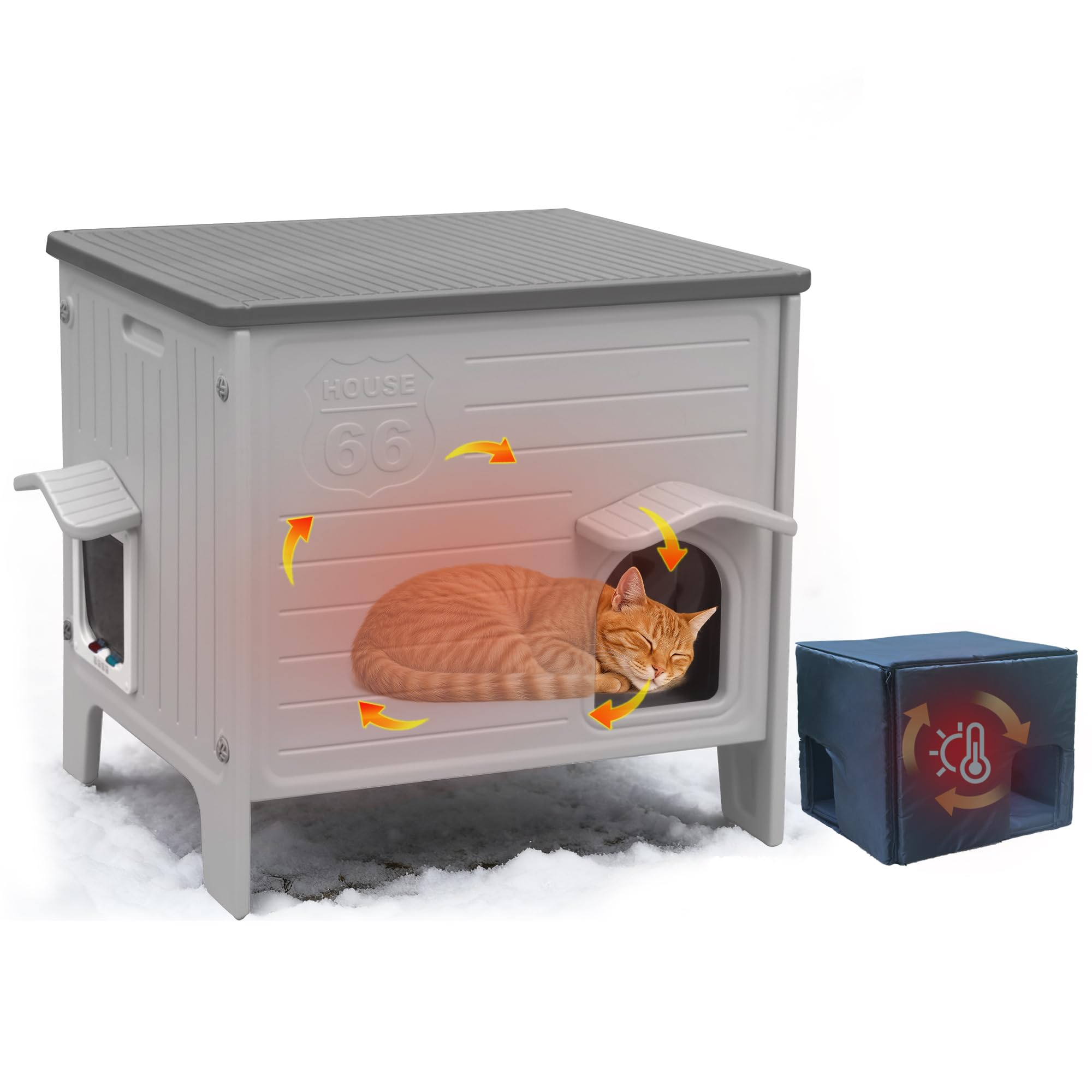Deblue outdoor cat house insulated liner keeps warmth inside during winter.