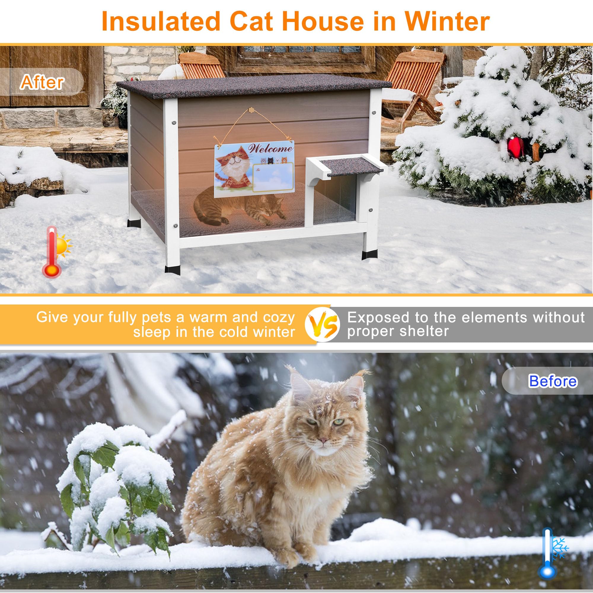 Deblue outdoor cat house side view highlights compact footprint and room for 1–2 cats.