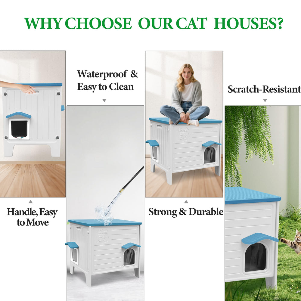 Deblue outdoor cat house spacious interior accommodates 2-3 cats for shared comfort.