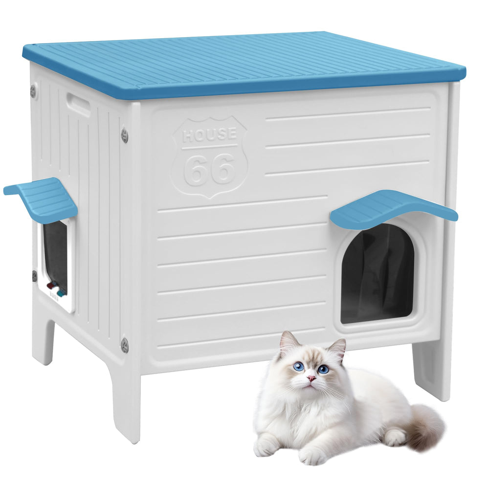 Deblue outdoor cat house weatherproof front view shows a dry shelter for outdoor cats.