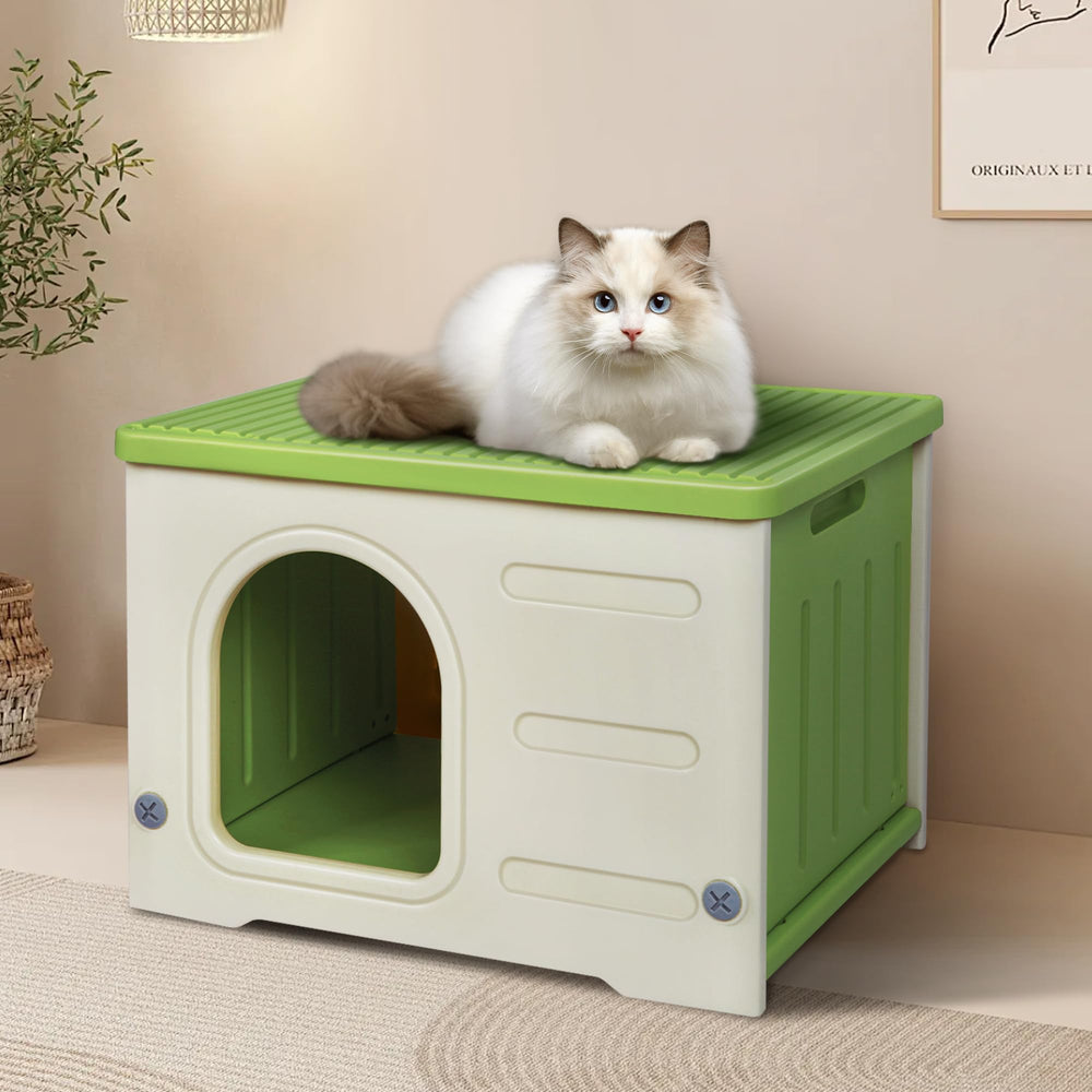 Deblue plastic cat house indoor-outdoor versatility protects cats on porches or garages