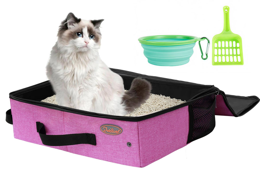 Deblue portable traveling cat litter box in pink with lid for spill-free transport