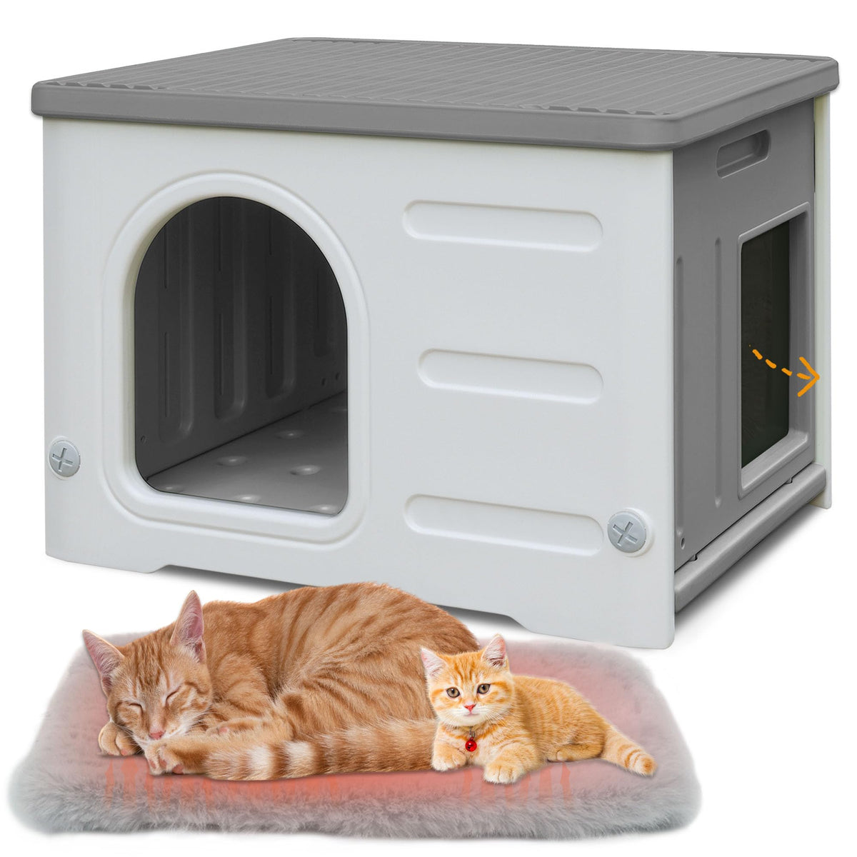 Deblue Waterproof Cat House exterior view shows weatherproof shelter for outdoor cats.