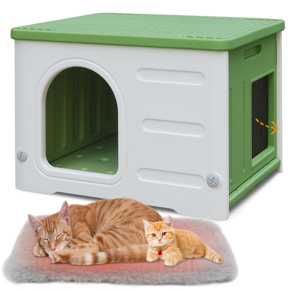 Deblue waterproof cat house outdoor green highlights weatherproof shelter for outdoor cats.