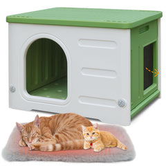 Deblue waterproof cat house outdoor green highlights weatherproof shelter for outdoor cats.
