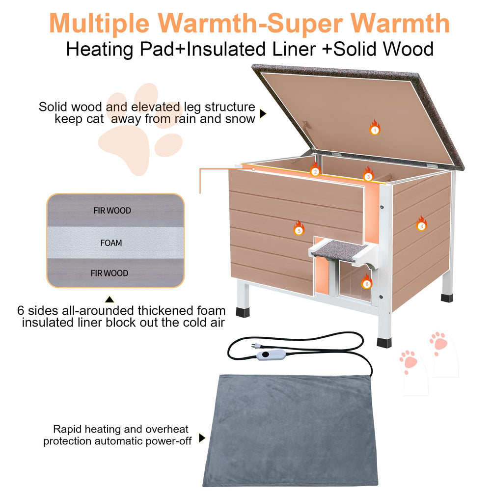 Deblue wooden cat shelter with premium heating mat for outdoor warmth