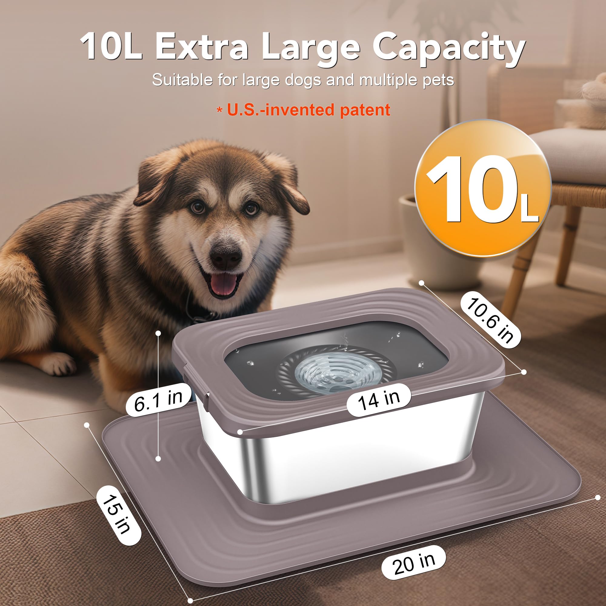 Decflow 10L water bowl with XXL mat offers stable footing and reduced mess.