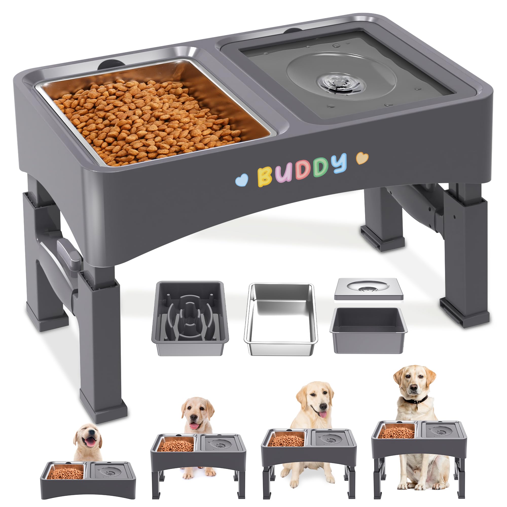 Decflow 3-in-1 elevated bowls setup shows adjustable height and foldable stand for easy storage