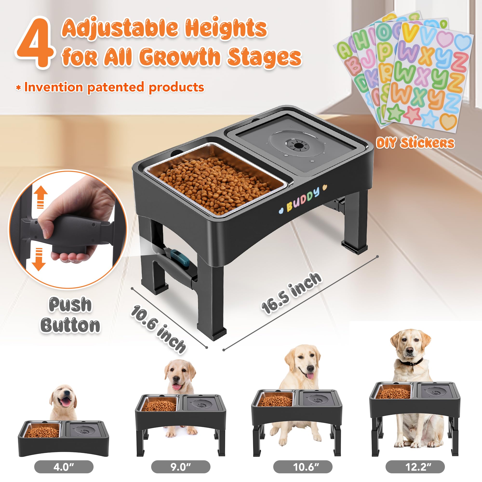 Decflow 4-height adjustable stand supports ergonomic feeding for pets at every life stage.