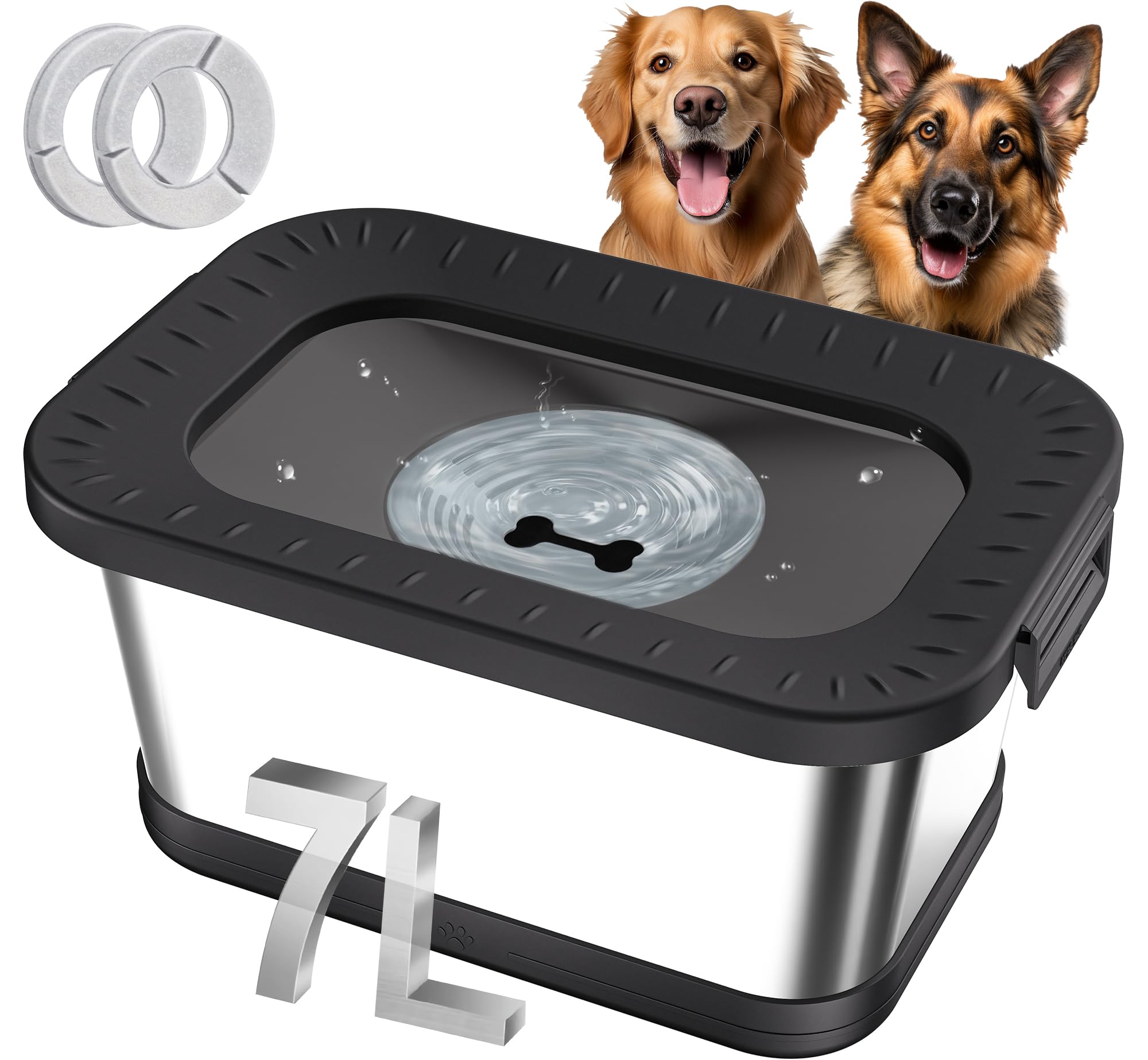 Decflow 7L dog water bowl close-up highlights stainless steel and anti-spill design