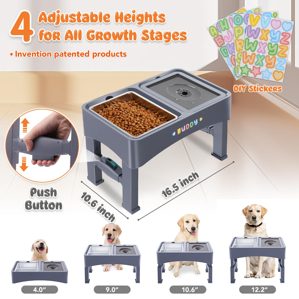 Decflow adjustable height button enables four-height feeding for puppies to seniors.